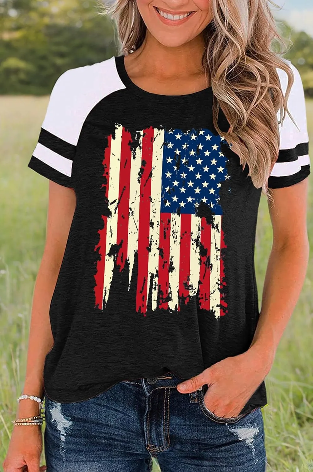 American Flag Shirt Women 4th of July Shirts USA Flag Graphic Patriotic Tshirt Raglan Color Block Tops