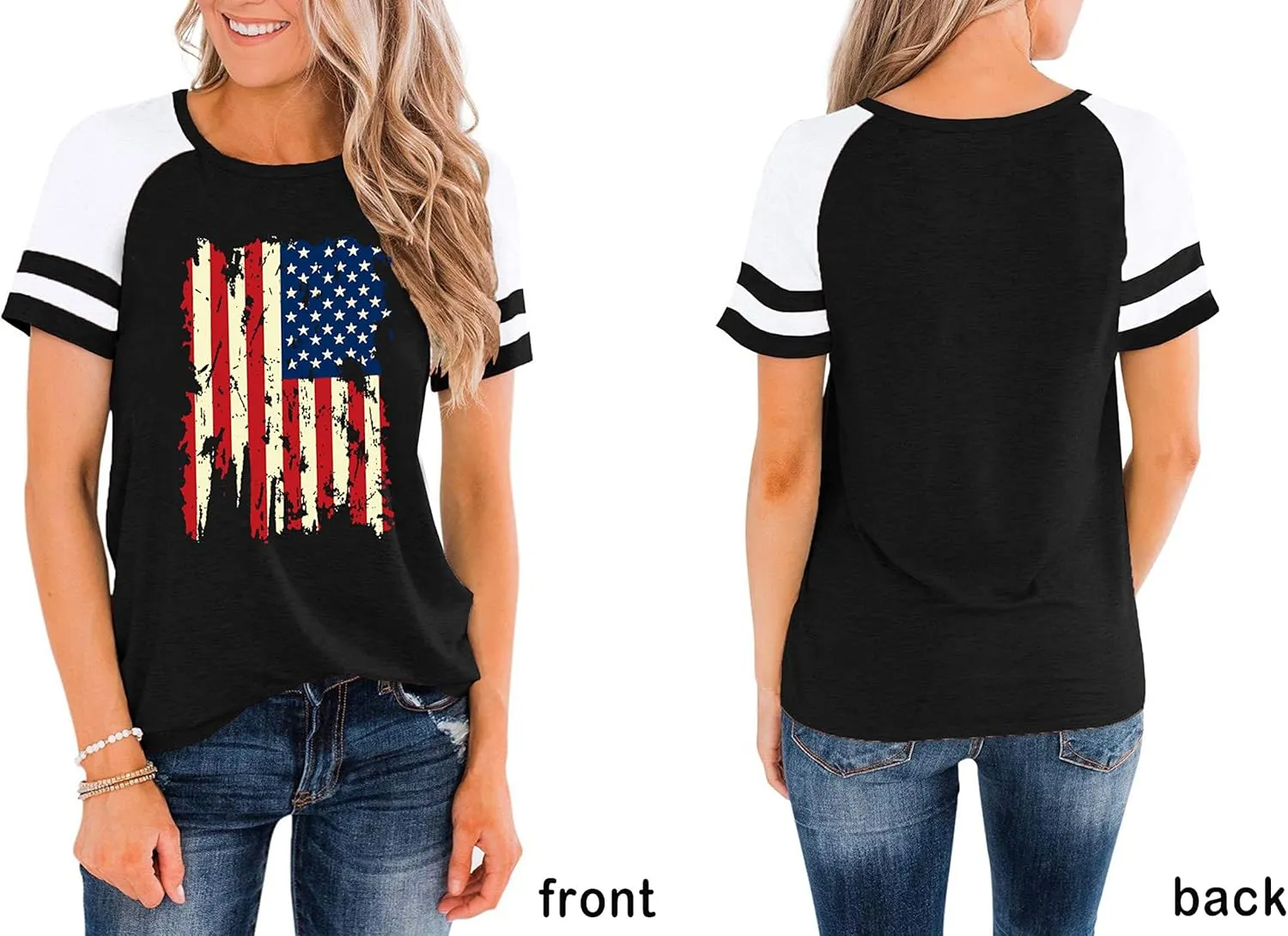 American Flag Shirt Women 4th of July Shirts USA Flag Graphic Patriotic Tshirt Raglan Color Block Tops