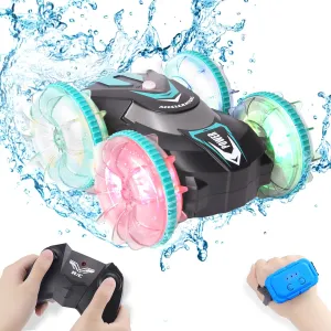 Amphibious RC Car for Kids Ages 8-13 – 2-in-1 Waterproof Remote Control Car & Boat with 360° Spins, Flips, LED Wheels – All-Terrain Off-Road Stunt Vehicle for Land & Water