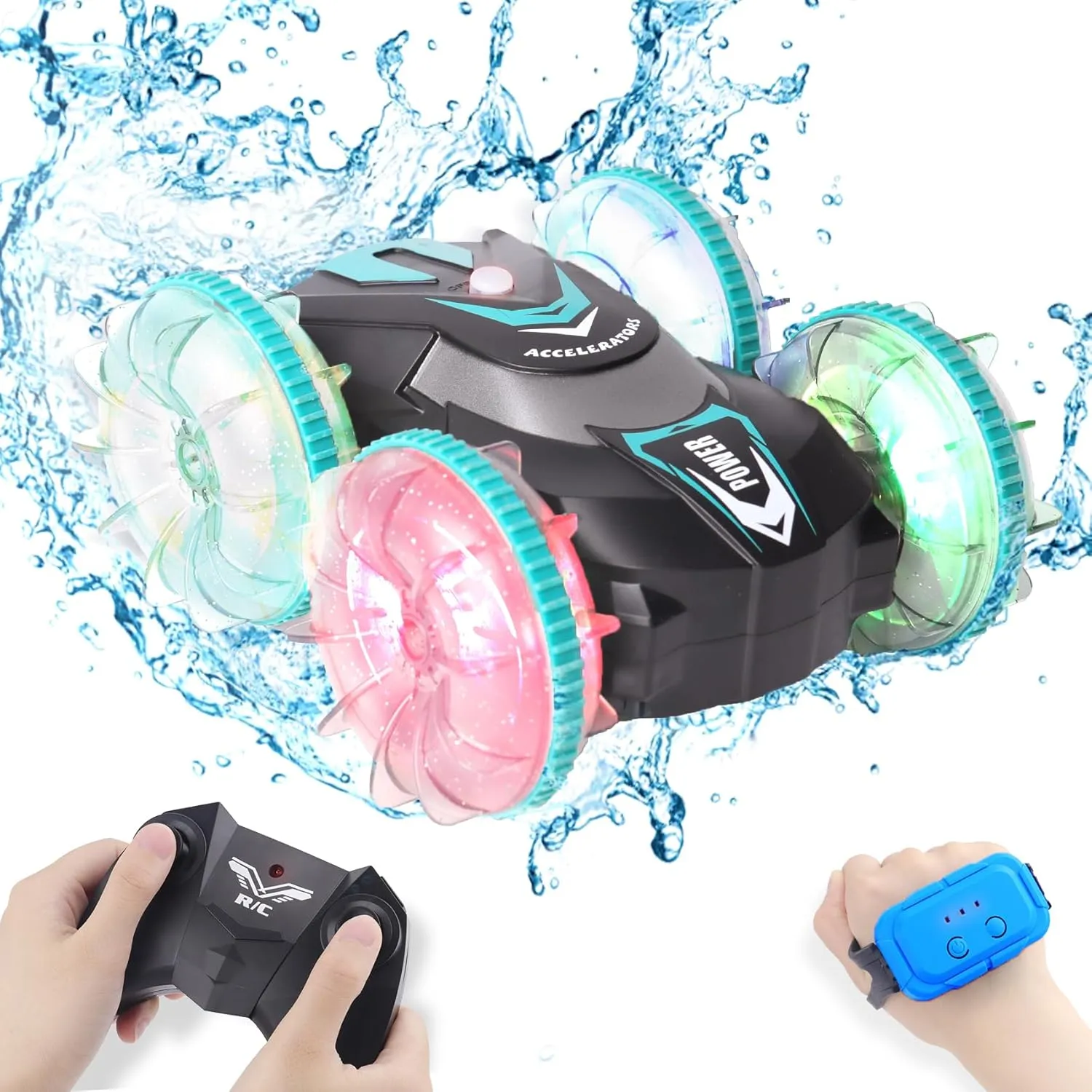 Amphibious RC Car for Kids Ages 8-13 – 2-in-1 Waterproof Remote Control Car & Boat with 360° Spins, Flips, LED Wheels – All-Terrain Off-Road Stunt Vehicle for Land & Water