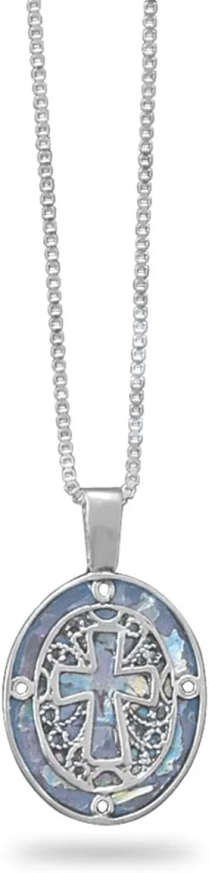 Ancient Roman Glass Necklace with Filigree Cross Sterling Silver Made in Israel Box Chain Included