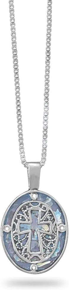 Ancient Roman Glass Necklace with Filigree Cross Sterling Silver Made in Israel Box Chain Included