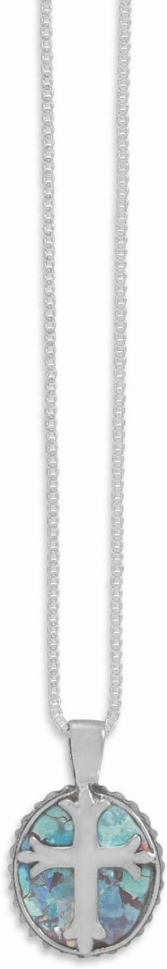 Ancient Roman Glass Necklace with Solid Cross Sterling Silver Made in Israel Box Chain Included