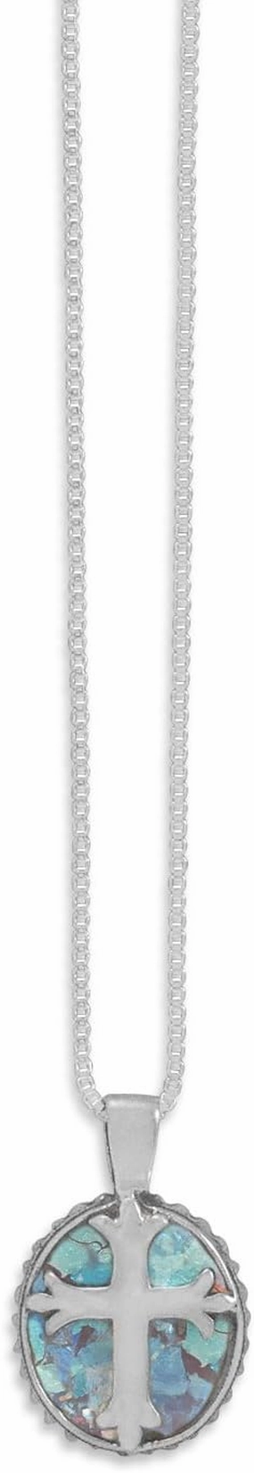 Ancient Roman Glass Necklace with Solid Cross Sterling Silver Made in Israel Box Chain Included