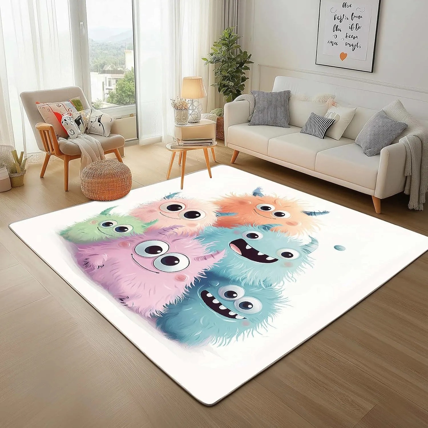 Anime Monster 4x6 Rug for Bedroom Cute Animals Washable Area Rugs Living Room White Carpet for Study Bedroom Nursery, Washable Rugs Non Slip Soft Carpet