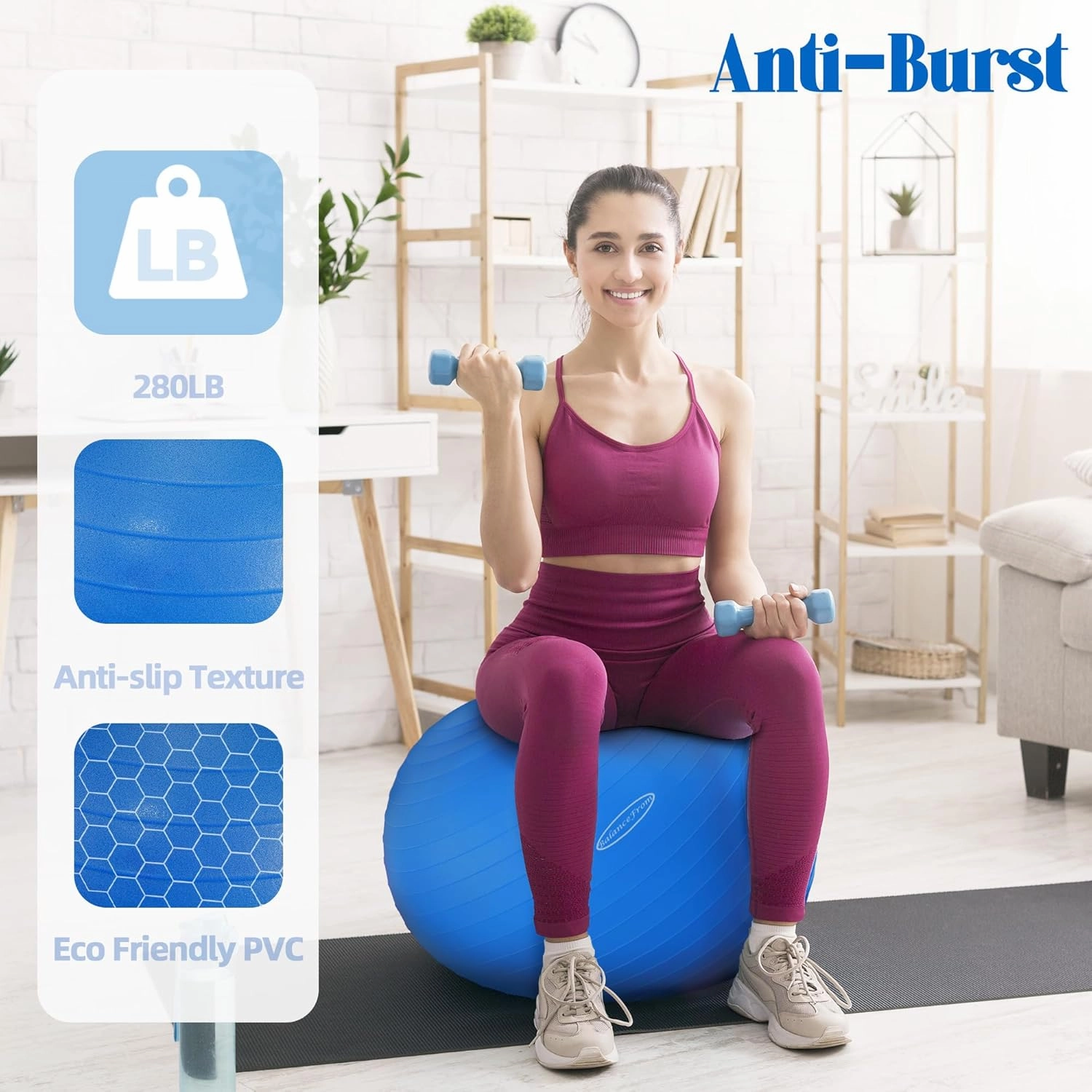 Anti-Burst and Slip Resistant Exercise Ball - Yoga, Fitness, Birthing Ball With Quick Pump, 2,000-Pound Capacity, Multiple Colors and Sizes
