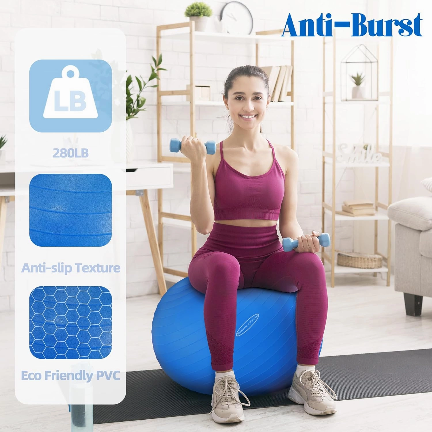 Anti-Burst and Slip Resistant Exercise Ball - Yoga, Fitness, Birthing Ball with Quick Pump, 2,000-Pound Capacity, Multiple Colors and Sizes