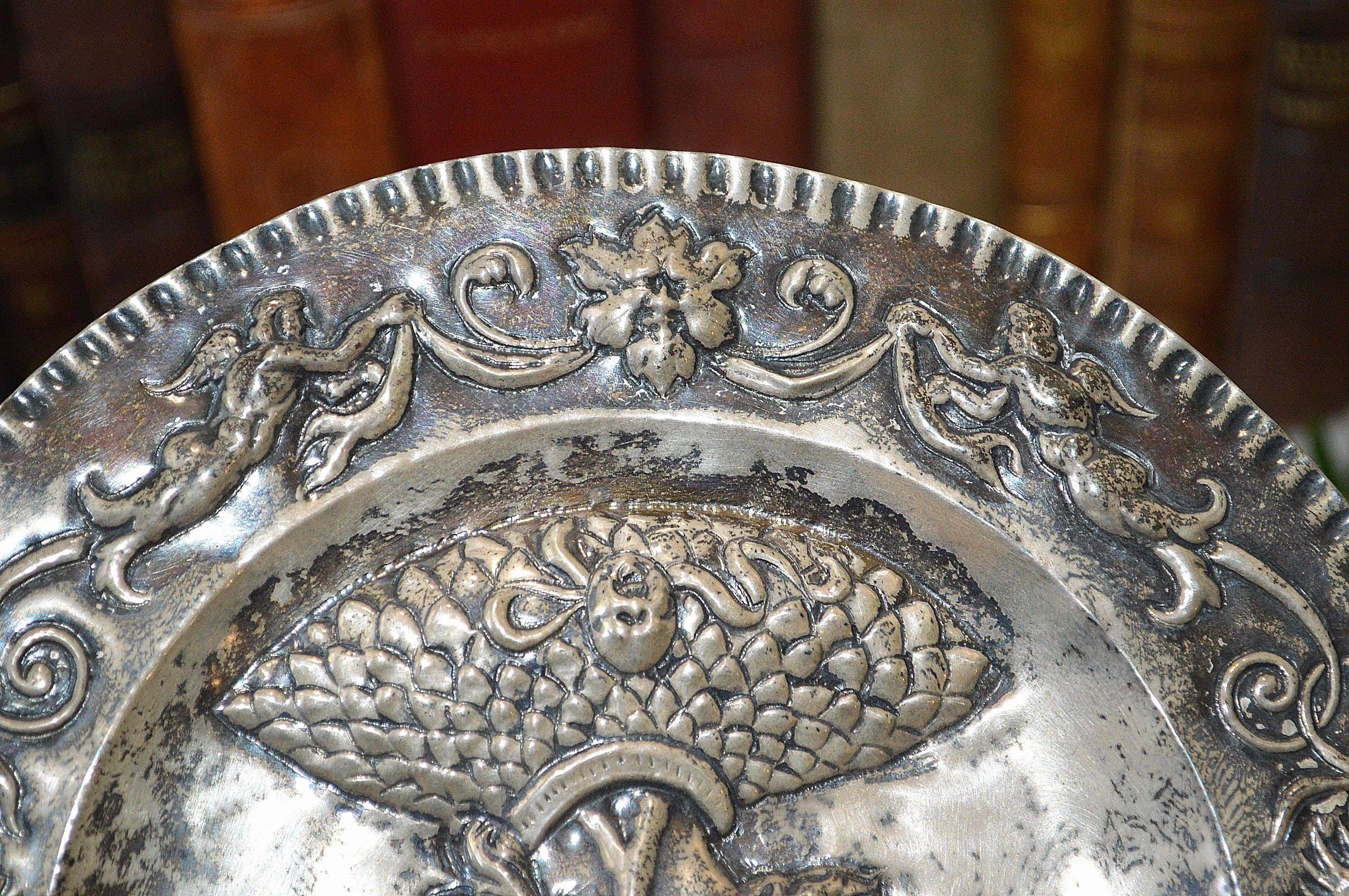 Antique Silver Plated Repousse Knight Cherubs Gargoyles Tray French