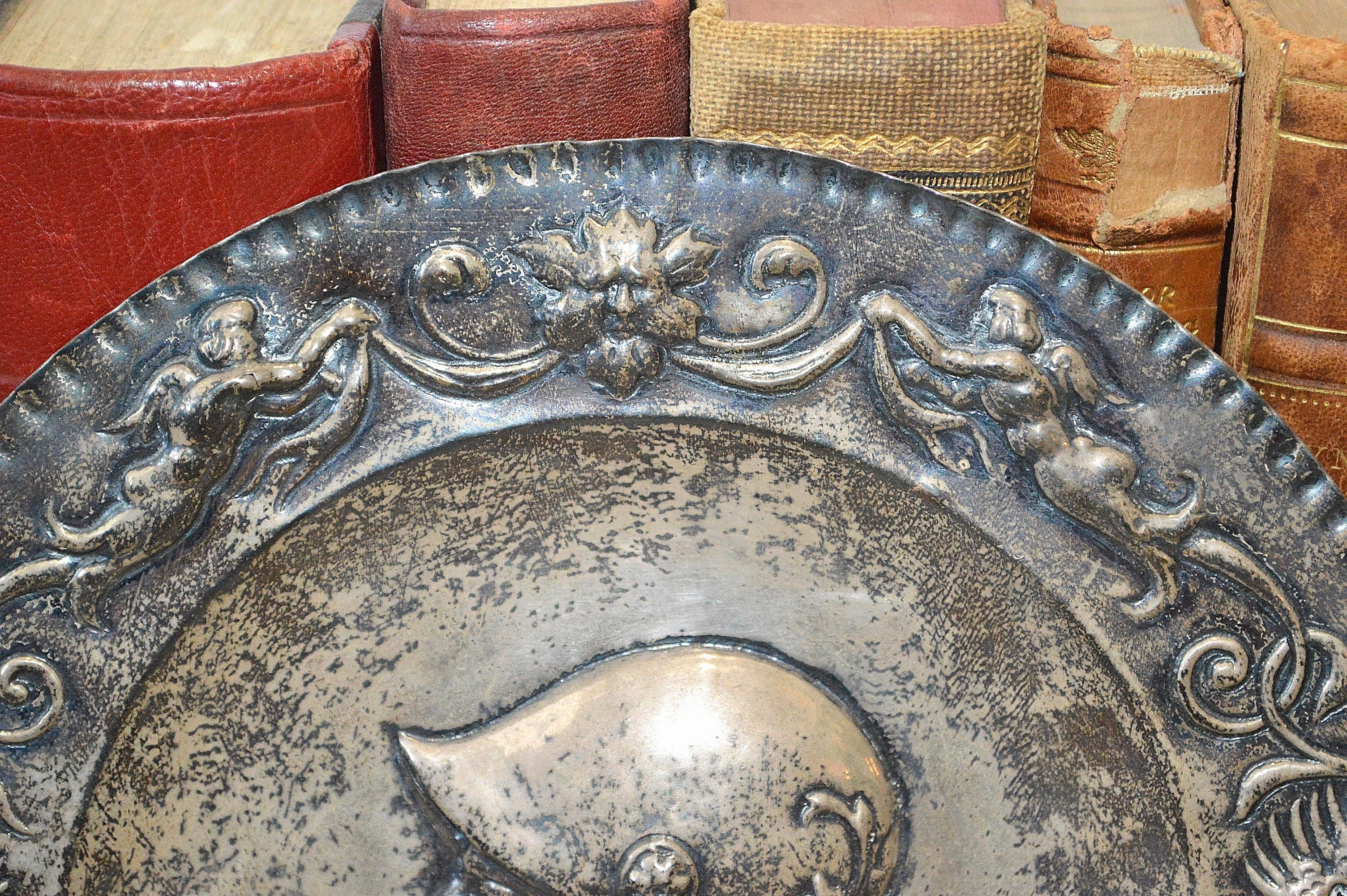 Antique Silver Plated Repousse Knight Cherubs Gargoyles Tray French
