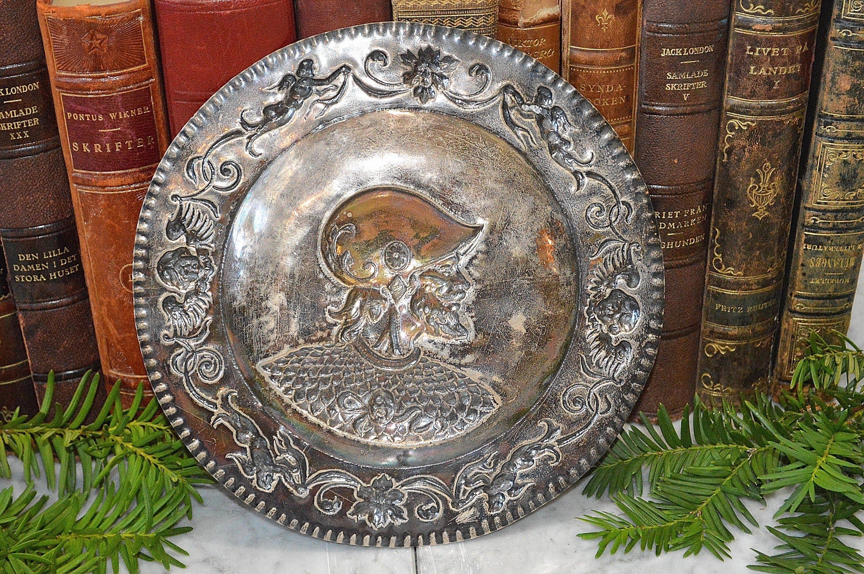 Antique Silver Plated Repousse Knight Cherubs Gargoyles Tray French