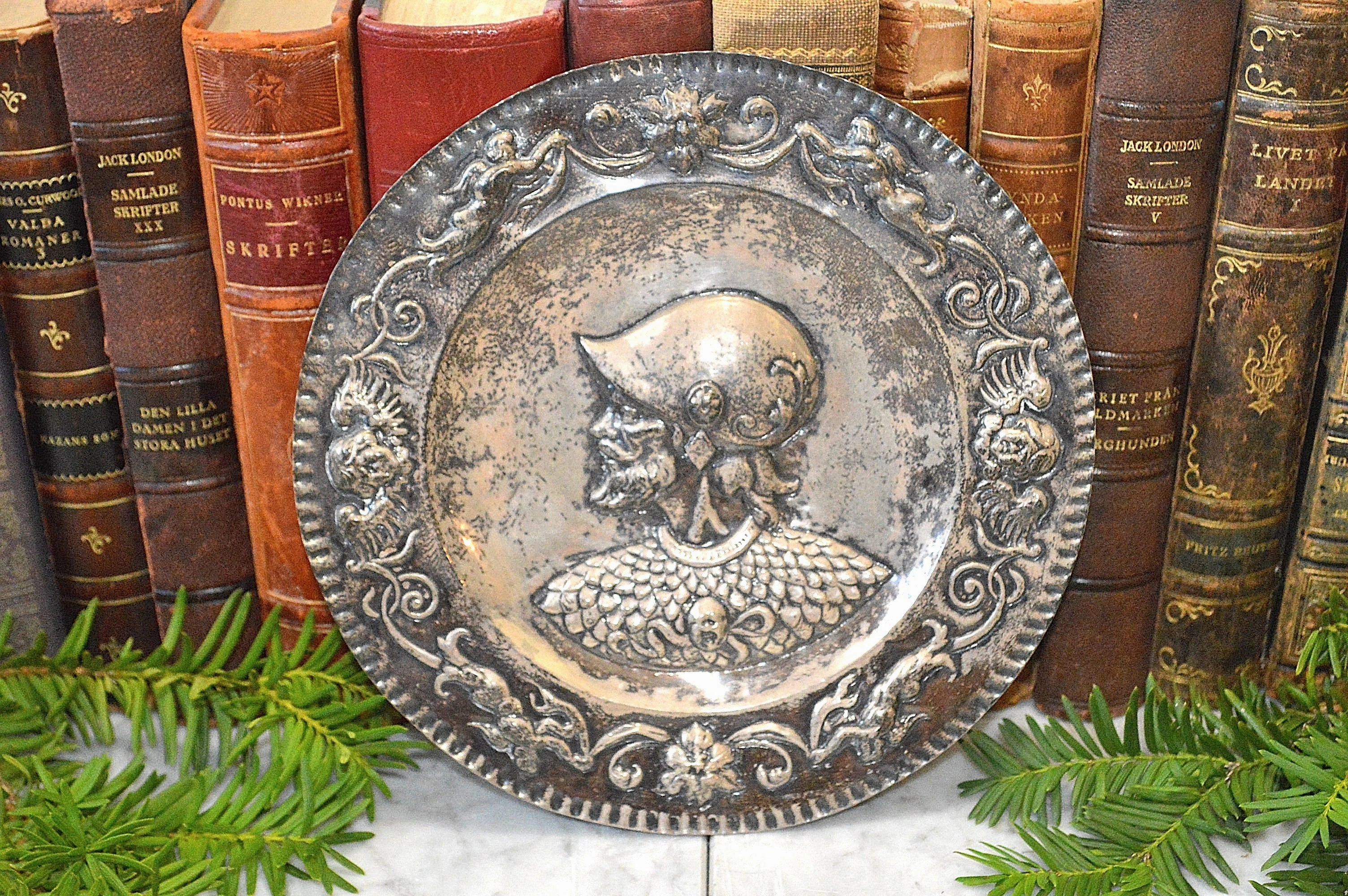 Antique Silver Plated Repousse Knight Cherubs Gargoyles Tray French
