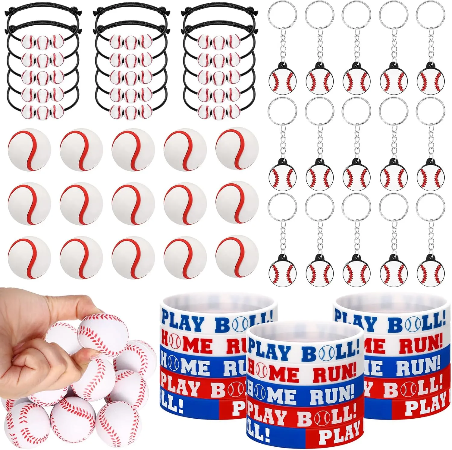 Aoriher Baseball Sport Party Favors for Kids, 15 Sets Sport Goodie Silicone Bracelets Mini Stress Ball Keychain Eraser for Birthday Party Supplies Total 75 Pcs