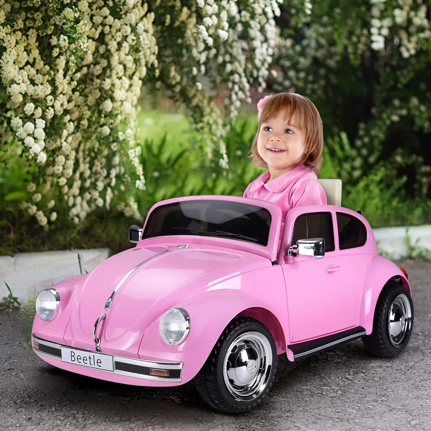 Aosom Licensed Volkswagen Beetle Electric Kids Ride-On Car 6V Battery Powered Toy with Remote Control Music Horn Lights MP3 for 3-6 Years Old Pink