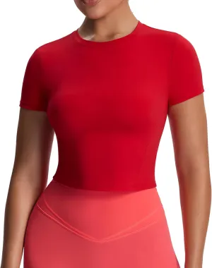 Aoxjox Women's Workout Short Sleeve T-Shirts Crew Neck Without Padded Baby Tee Athletic Gym Yoga Crop Tops