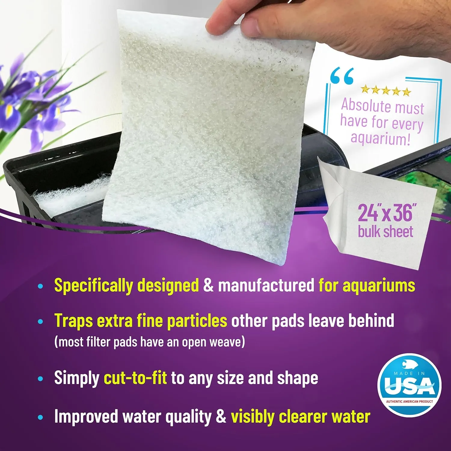 Aquatic Experts Aquarium Polishing Filter Pad, Water Polishing Pad for Aquarium Filters, Filter Floss for Fish Tank Filters, (100 Micron, 24" x 36" - 2 Pack)