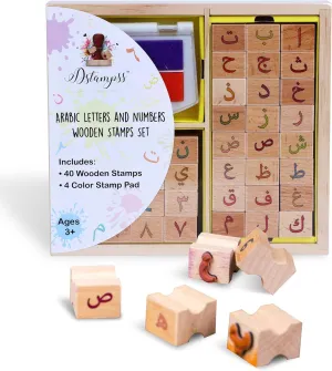 Arabic Alphabets & Numbers Wooden Stamps with Washable Ink pad – Most Fun and Engaging Way to Teach Kids Arabic Language
