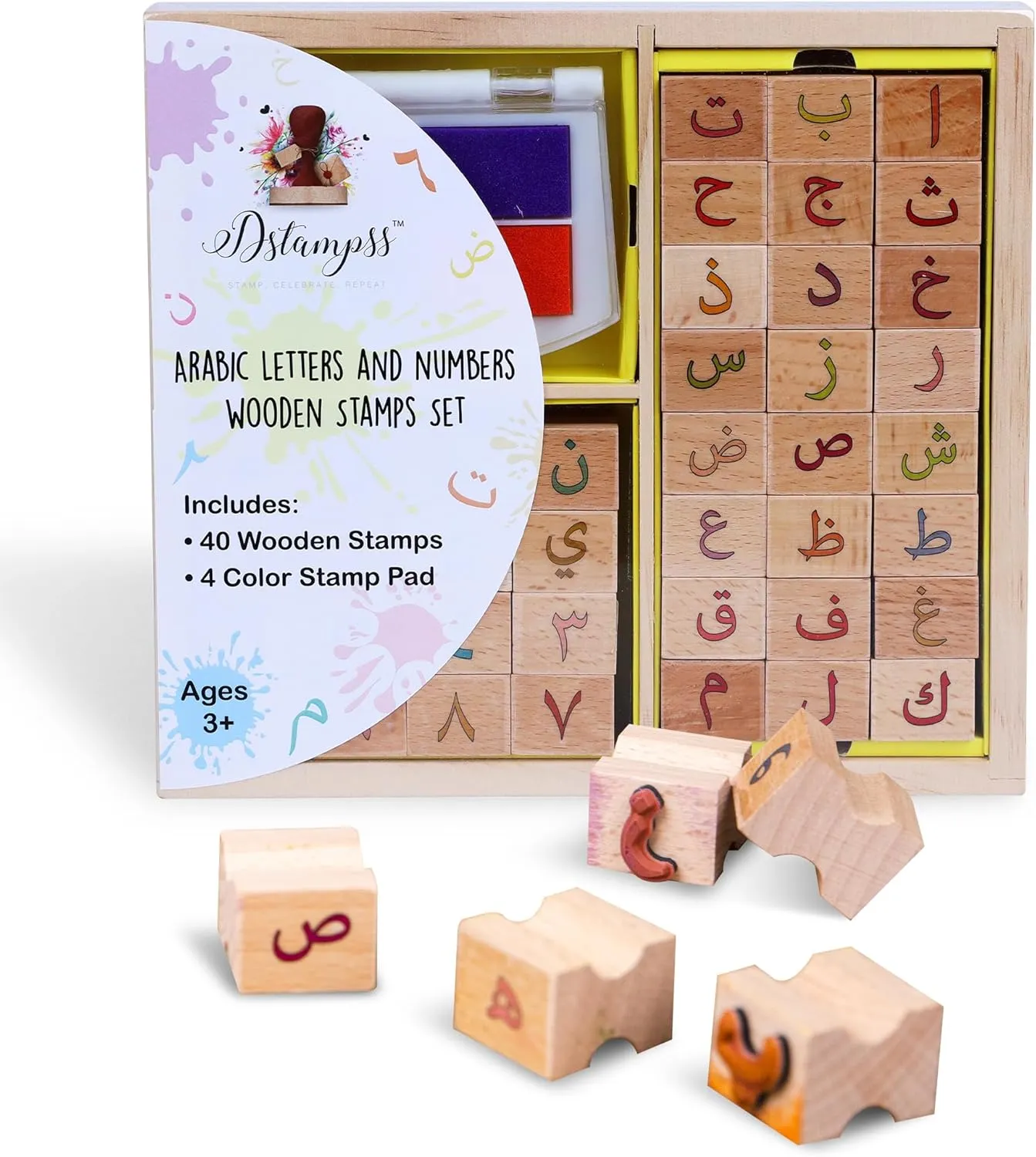 Arabic Alphabets & Numbers Wooden Stamps with Washable Ink pad – Most Fun and Engaging Way to Teach Kids Arabic Language