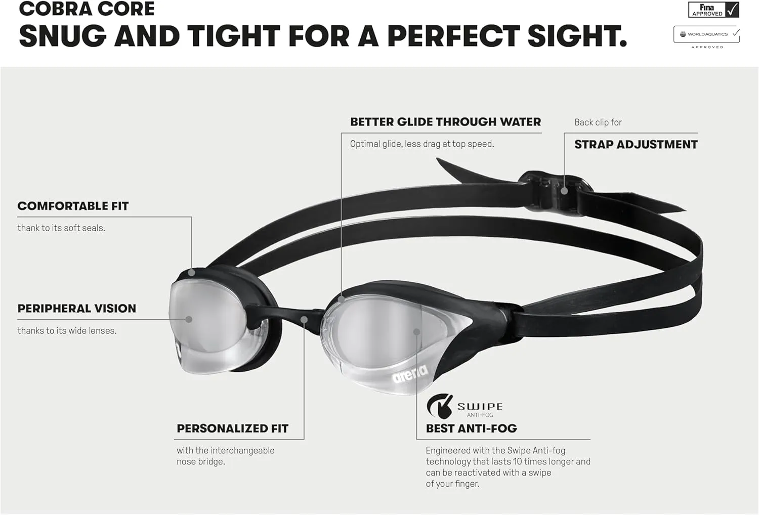 ARENA Unisex Cobra Core Swipe Anti-Fog Racing Swim Goggles for Men and Women Polycarbonate Mirror/Non-Mirror Lens