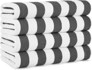 Arkwright California Cabana Stripe Beach Towel - Pack of 4, Large Soft Quick Dry Cotton Terry Towels Set for Pool, Swim, and Hot Tub, Oversized 30 x 70 in, Dark Grey