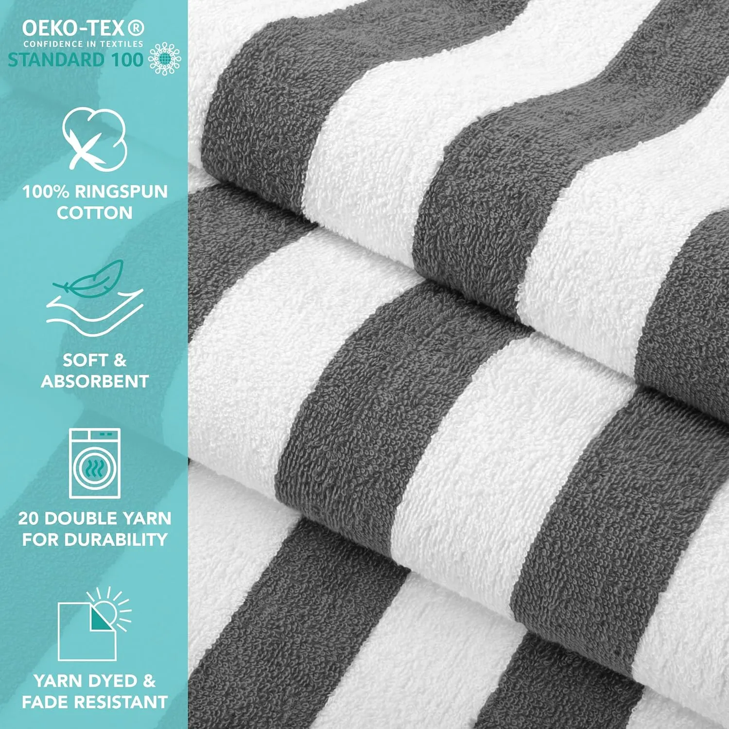 Arkwright California Cabana Stripe Beach Towel - Pack of 4, Large Soft Quick Dry Cotton Terry Towels Set for Pool, Swim, and Hot Tub, Oversized 30 x 70 in, Dark Grey