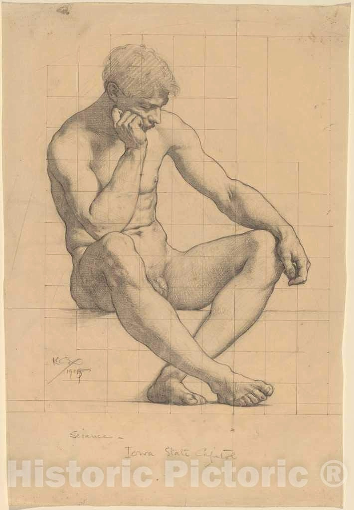 Art Print : Kenyon Cox, Seated Male Nude: Study for Science - Iowa State Capitol, 1905, Historic Wall Décor : 16in x 24in
