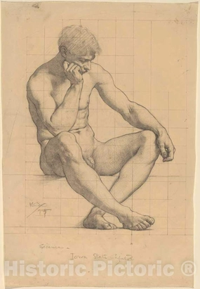 Art Print : Kenyon Cox, Seated Male Nude: Study for Science - Iowa State Capitol, 1905, Historic Wall Décor : 16in x 24in
