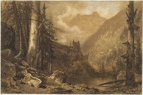 Art Print : Maxime Lalanne, Alpine Castle Above a Wooded Lake, c. 1870, Historic Wall Décor : 24in x 16in