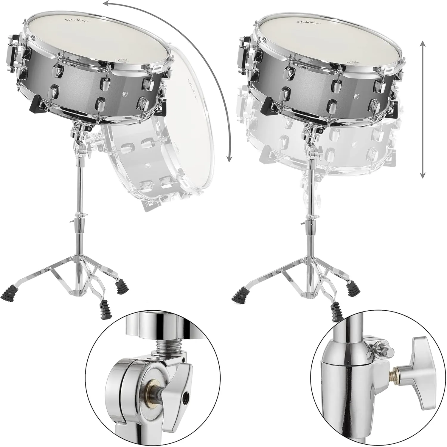 Ashthorpe Snare Drum Set with Remo Head (Silver) - Student Beginner Kit with Stand, Padded Gig Bag, Practice Pad, Neck Strap, and Sticks