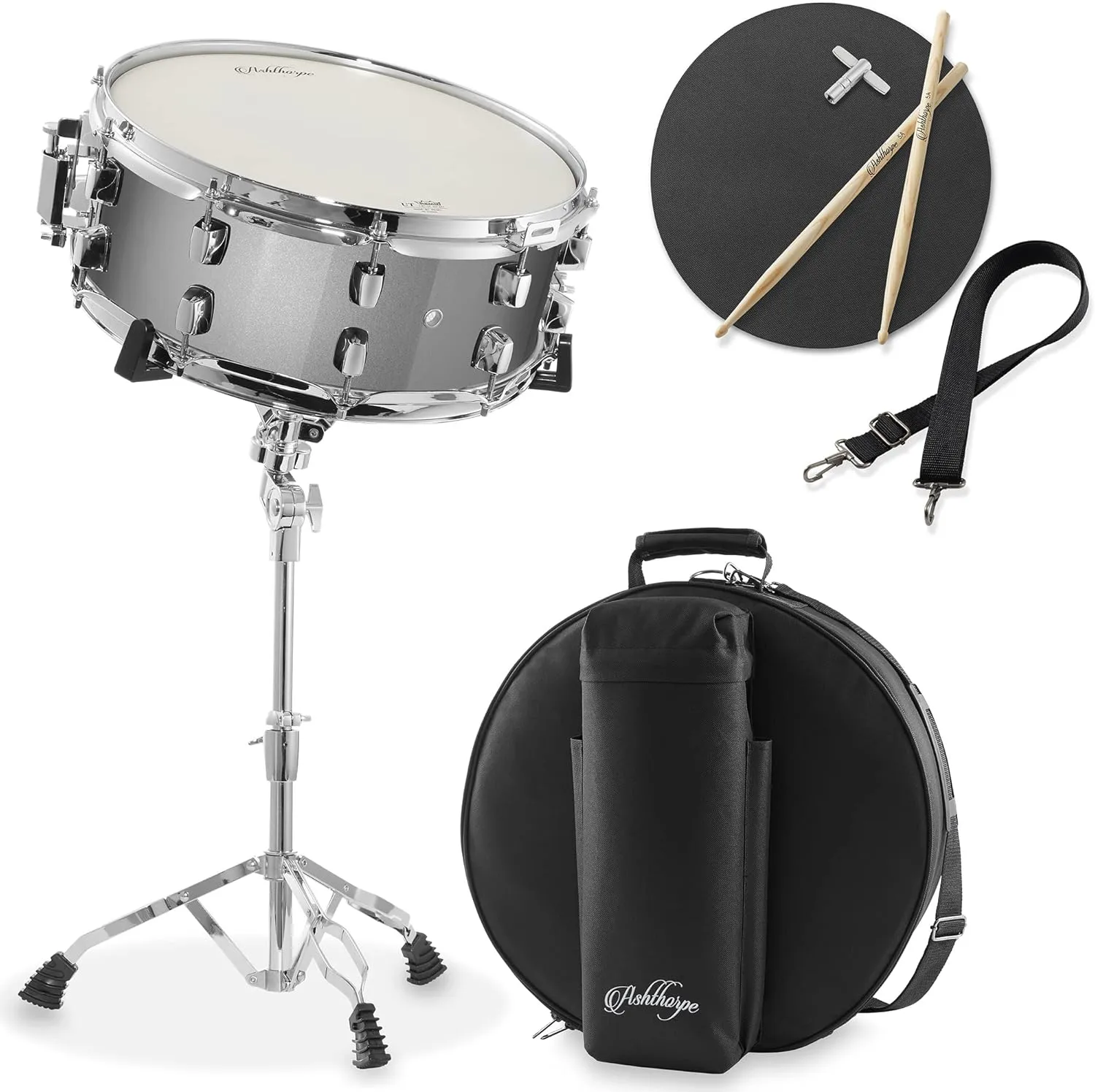 Ashthorpe Snare Drum Set with Remo Head (Silver) - Student Beginner Kit with Stand, Padded Gig Bag, Practice Pad, Neck Strap, and Sticks