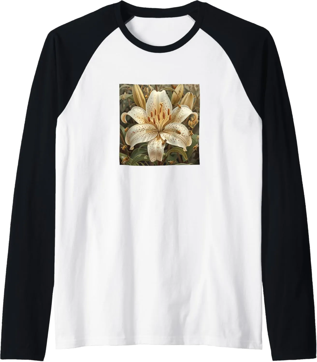 Asiatic Lily Flower Blooming With Bees Around Graphic Raglan Baseball Tee