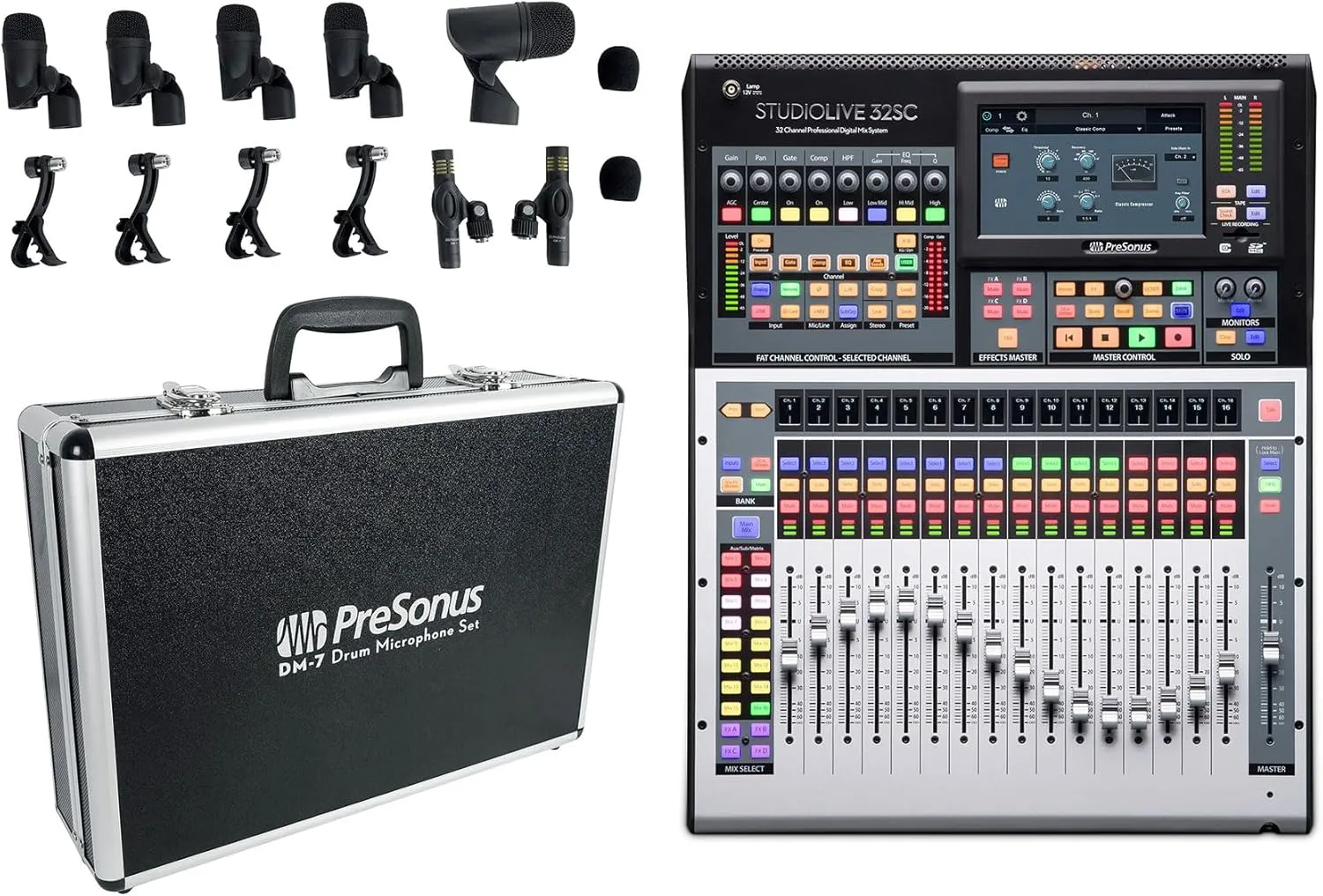 Audiosavings Bundle: (1) Presonus STUDIOLIVE 32SC 32-Channel/22-Bus Digital Mixer Recording Interface Bundle With (1) PRESONUS DM-7 Seven-Piece Drum Microphone Kit 7 Drum Mics w/Case (Items 2)