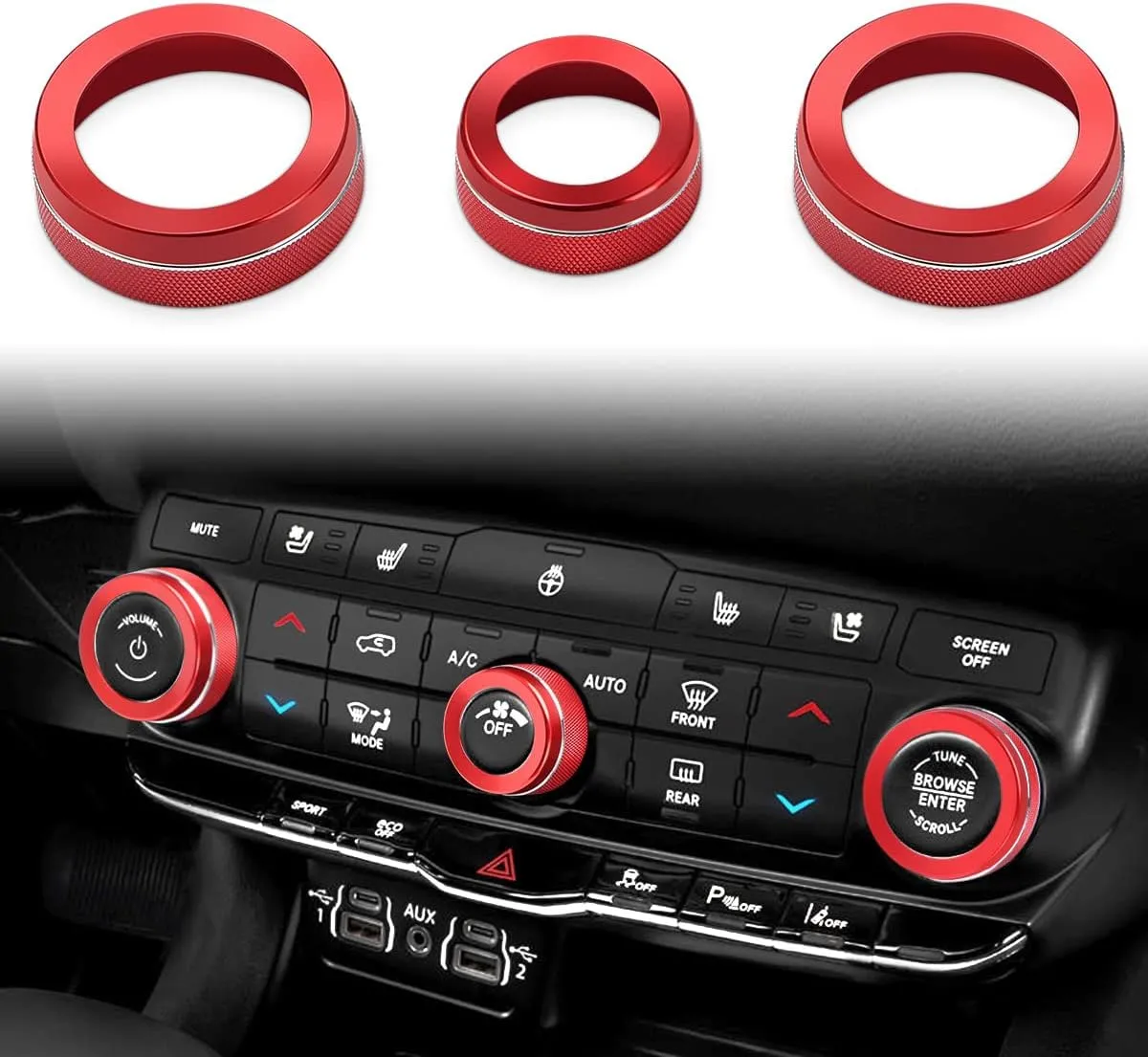Auovo Volume Knob Tune Knob Air Conditioner Knob Covers Compatible for Durango 2021 2022 2023 2024 Car Interior Trim Decorations Air Conditioner Switch Rings Volume Controller Rings (Red)
