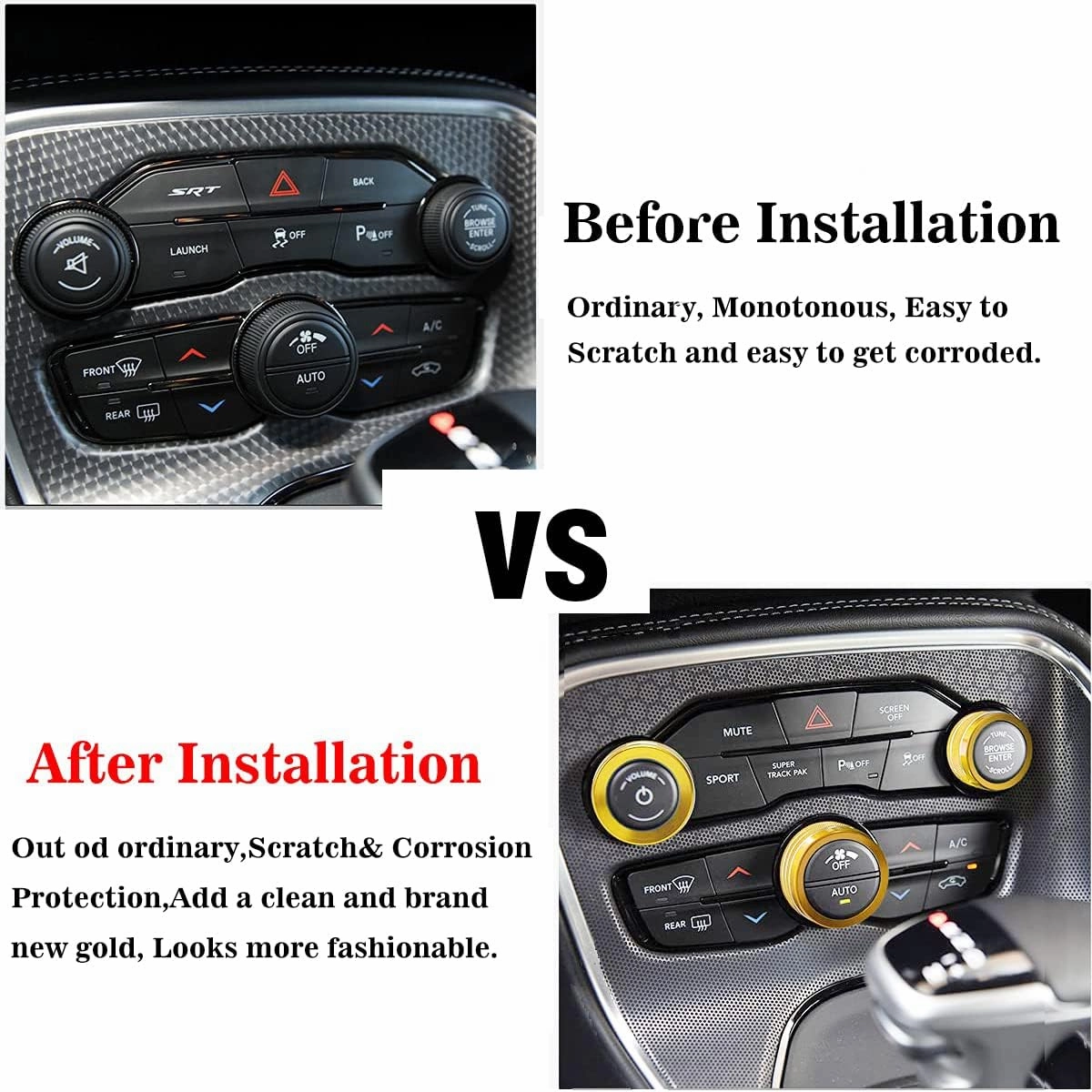 Auprite Climate Control Knob Covers for Challenger Accessories 2015-2023 2024, for Dodge Charger 2015-2023 2024, for Dodge Chrysler 300/300s 2015-2024,3Pcs Kit (Gold)