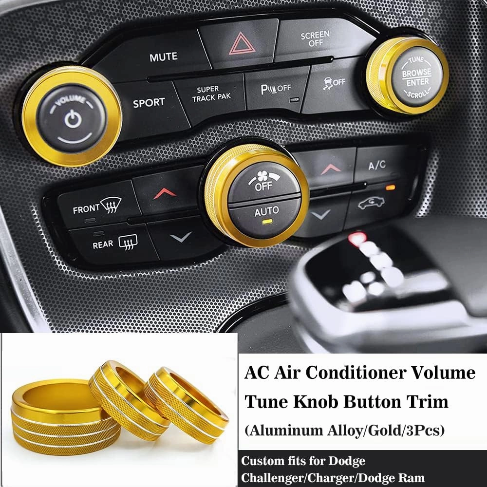 Auprite Climate Control Knob Covers for Challenger Accessories 2015-2023 2024, for Dodge Charger 2015-2023 2024, for Dodge Chrysler 300/300s 2015-2024,3Pcs Kit (Gold)