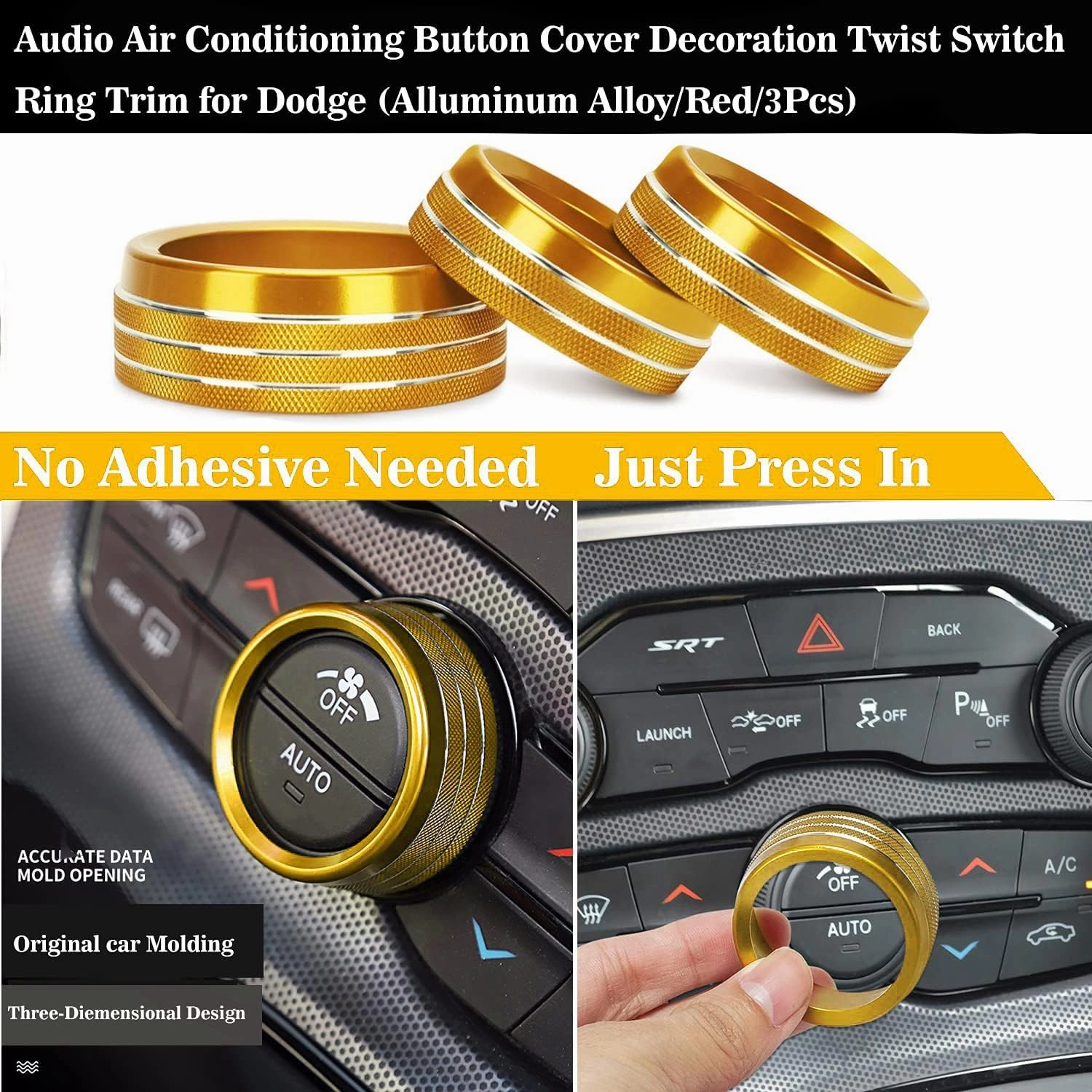 Auprite Climate Control Knob Covers for Challenger Accessories 2015-2023 2024, for Dodge Charger 2015-2023 2024, for Dodge Chrysler 300/300s 2015-2024,3Pcs Kit (Gold)