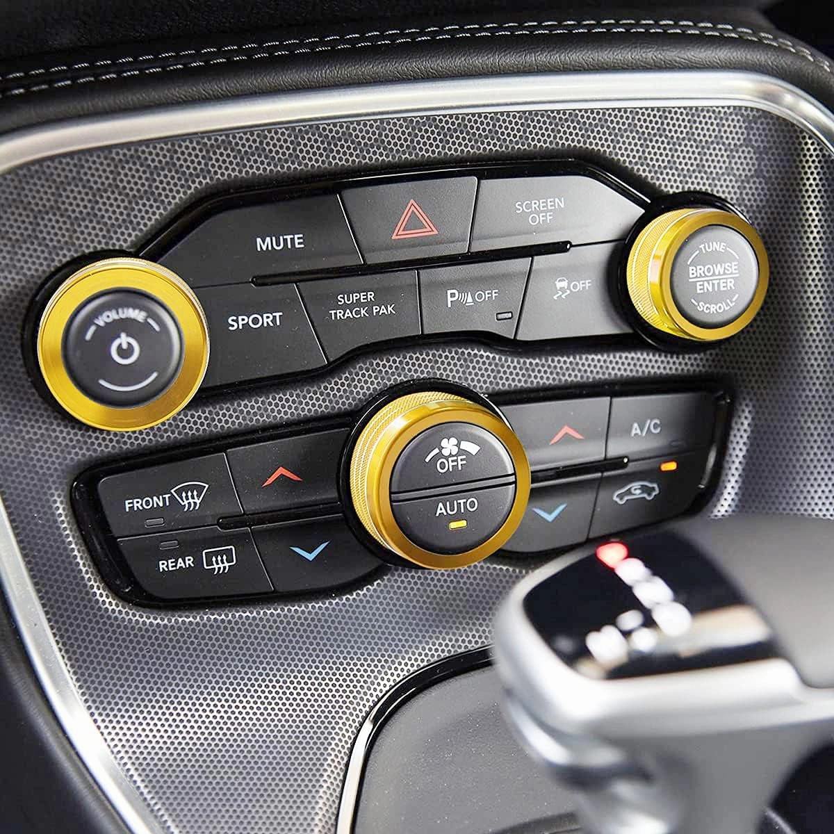 Auprite Climate Control Knob Covers for Challenger Accessories 2015-2023 2024, for Dodge Charger 2015-2023 2024, for Dodge Chrysler 300/300s 2015-2024,3Pcs Kit (Gold)