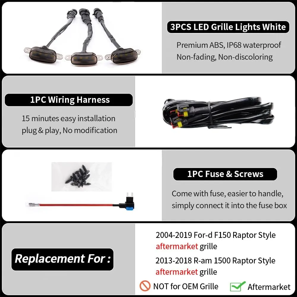 AUXLIGHT Car Accessories, 3PCS LED Grille Lights with Fuse & Wire, Compatible 2004-2019 for-d F150 Raptor Style Aftermarket Grill, 2013-2018 R-am 1500 Grill (White)