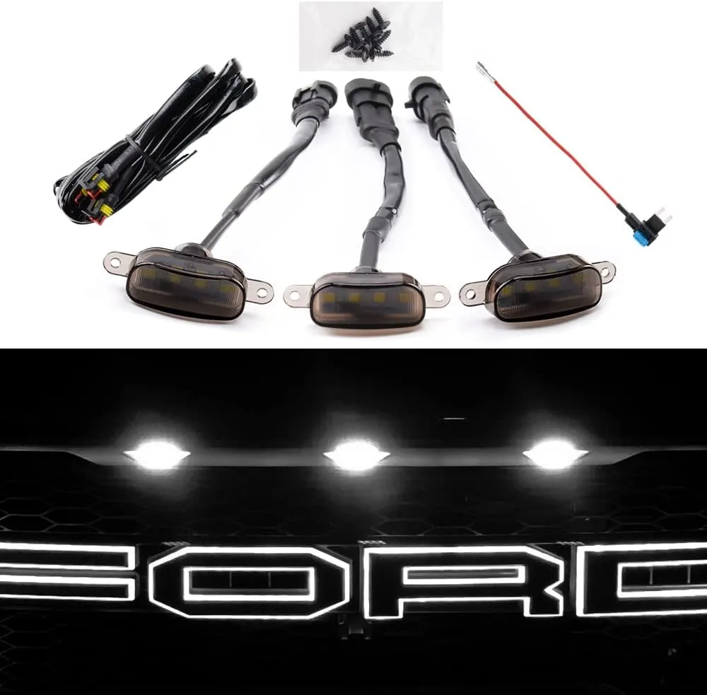 AUXLIGHT Car Accessories, 3PCS LED Grille Lights with Fuse & Wire, Compatible 2004-2019 for-d F150 Raptor Style Aftermarket Grill, 2013-2018 R-am 1500 Grill (White)