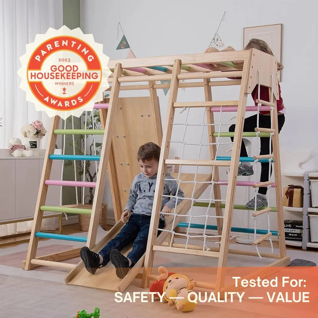 Avenlur Magnolia Indoor Playground 7-in-1 Jungle Gym Playset for Kids 2-6yrs - Slide, Climbing Wall, Rope Wall Climber, Monkey Bars, Swing - Waldorf and Montessori Style Wooden Climb Set. USA Company.