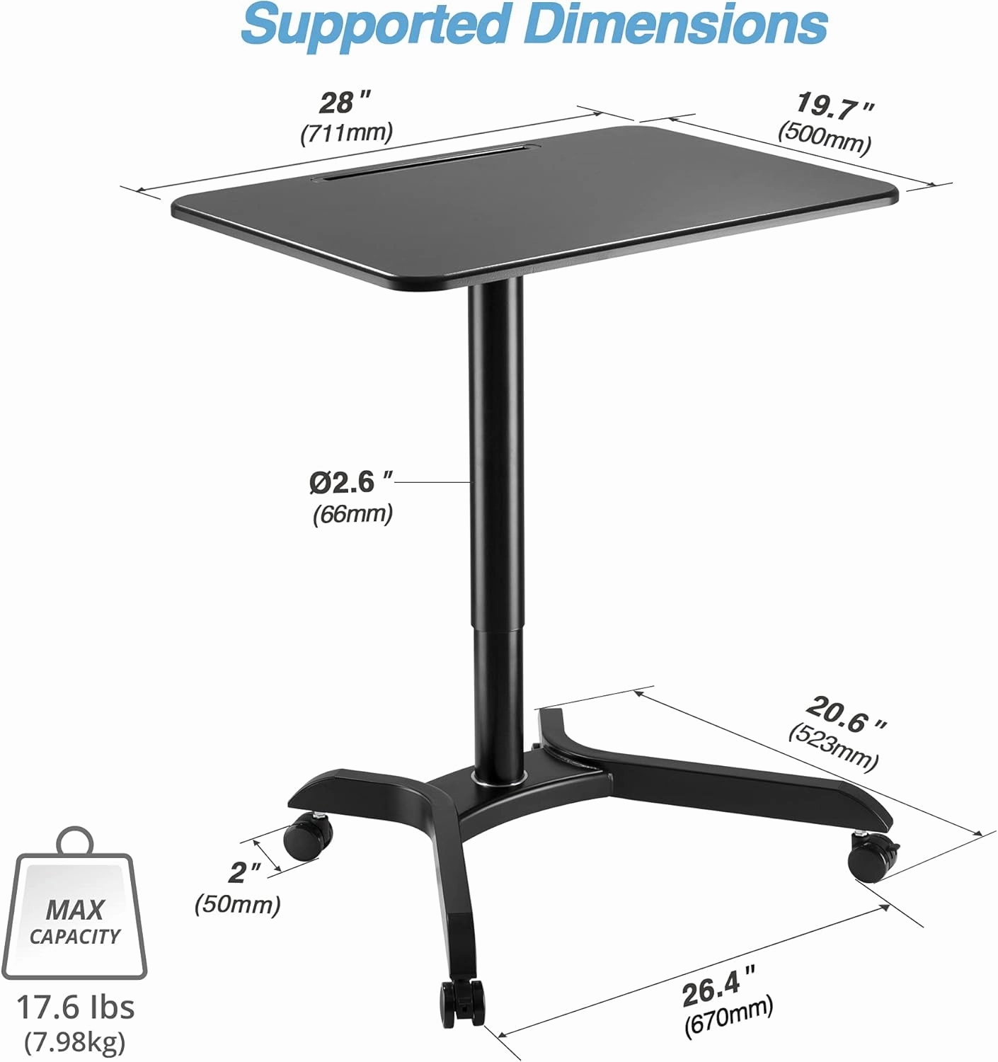 AVLT 44" Ambidextrous Pneumatic Laptop Standing Desk Cart (3 ft 8 in) - Mobile Rolling Desk - Computer Projector Cart - Height Adjustable - Mobile Black Cart with Brake Casters