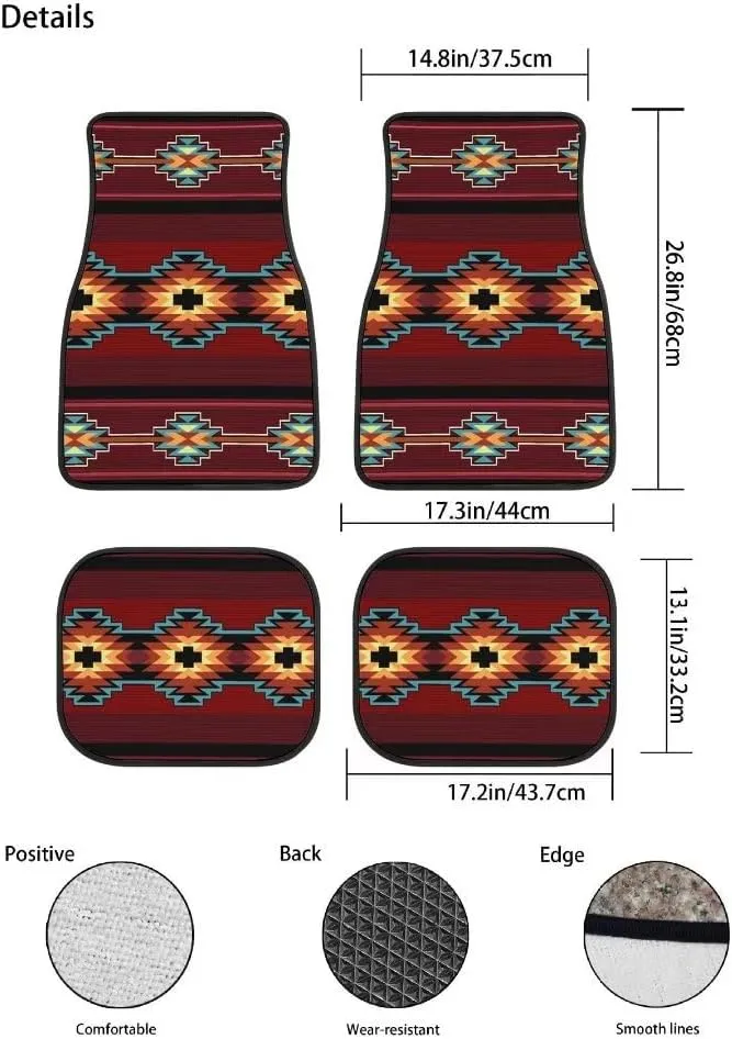 Aztec Car Floor Mats Set of 4,Southwest Native American Tribal Aztec Navajo Striped Red Print Vehicle Front Rear Car Floor Carpets Rugs Non-Slip Car Accessories Universal Fit for Car Truck