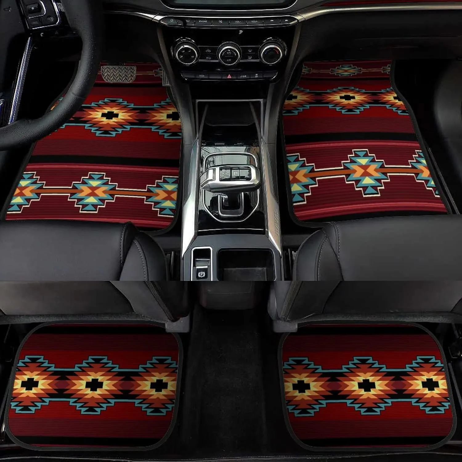 Aztec Car Floor Mats Set of 4,Southwest Native American Tribal Aztec Navajo Striped Red Print Vehicle Front Rear Car Floor Carpets Rugs Non-Slip Car Accessories Universal Fit for Car Truck