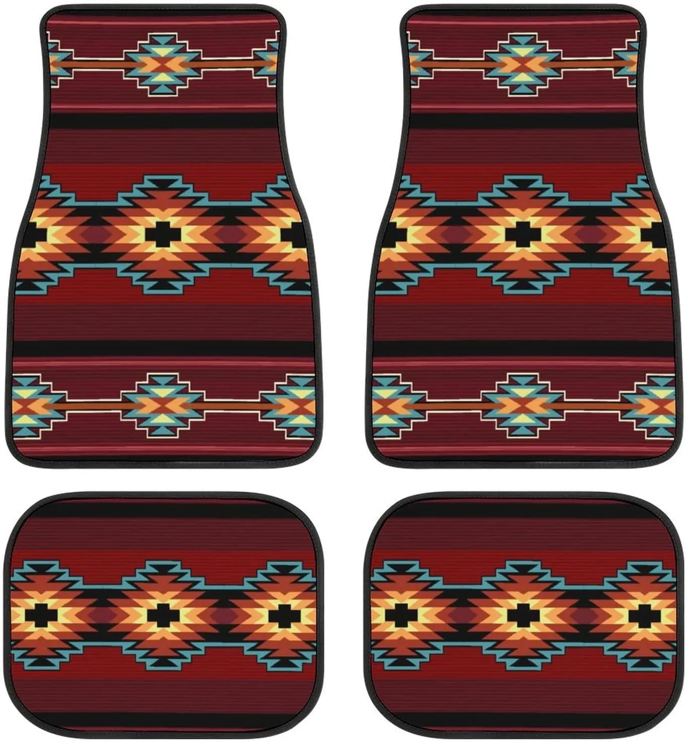 Aztec Car Floor Mats Set of 4,Southwest Native American Tribal Aztec Navajo Striped Red Print Vehicle Front Rear Car Floor Carpets Rugs Non-Slip Car Accessories Universal Fit for Car Truck