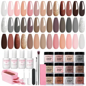 AZUREBEAUTY Dip Powder Nail Kit - Classic Brown Nude Collection Glitter in 20 Neutral Shades - Chocolate Skin Tone - Salon Home Manicure Set with Base/Top Coat Activator