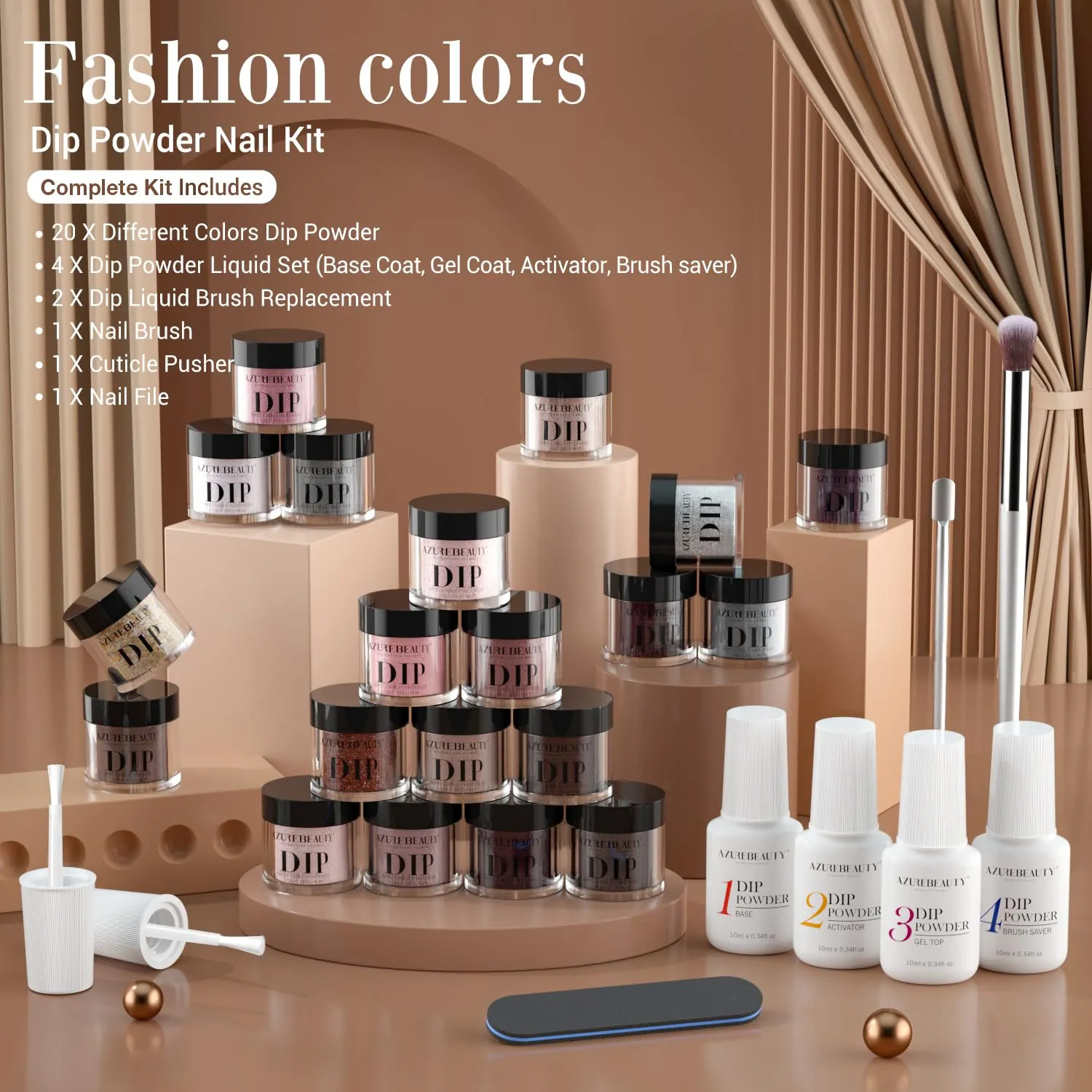 AZUREBEAUTY Dip Powder Nail Kit - Classic Brown Nude Collection Glitter in 20 Neutral Shades - Chocolate Skin Tone - Salon Home Manicure Set with Base/Top Coat Activator
