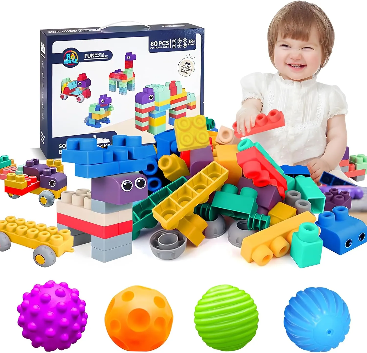 Baby Balls 3 to 12 Month for Babies & Toddlers 3M , Textured Multi Ball Set and Baby Soft Blocks Set, Big Building Block Toys, Soft Rubber Blocks for Babies 6 Months and Up STEM Educational