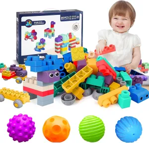 Baby Balls 3 to 12 Month for Babies & Toddlers 3M , Textured Multi Ball Set and Baby Soft Blocks Set, Big Building Block Toys, Soft Rubber Blocks for Babies 6 Months and Up STEM Educational