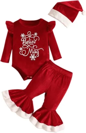 Baby Girl Christmas Outfits Newborn Velvet Long Sleeve Bodysuit Romper Tops Bell Bottom Pants Hat (A, 6-9 Months)