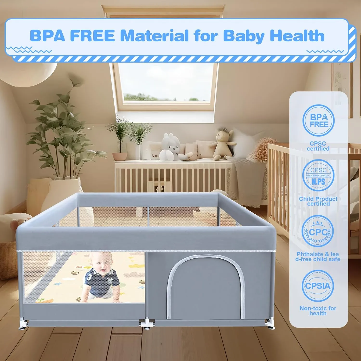 Baby Playpen with Mat, 50 x 50 Inch Play Pen Playards, Playpen for Babies and Toddlers, Baby Playard for Indoor & Outdoor Active Center Game Fence, Skin-Friendly Fabric and Soft Breathable Mesh