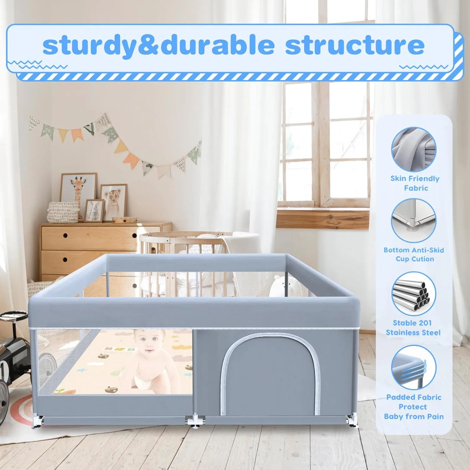 Baby Playpen with Mat, 50 x 50 Inch Play Pen Playards, Playpen for Babies and Toddlers, Baby Playard for Indoor & Outdoor Active Center Game Fence, Skin-Friendly Fabric and Soft Breathable Mesh